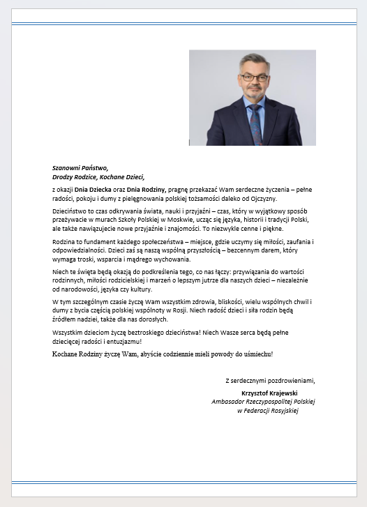 ŻYCZENIA AMBASADORA PANA KRZYSZTOFA KRAJEWSKIEGO Z OKAZJI DNIA RODZINY!🌤️🏵️